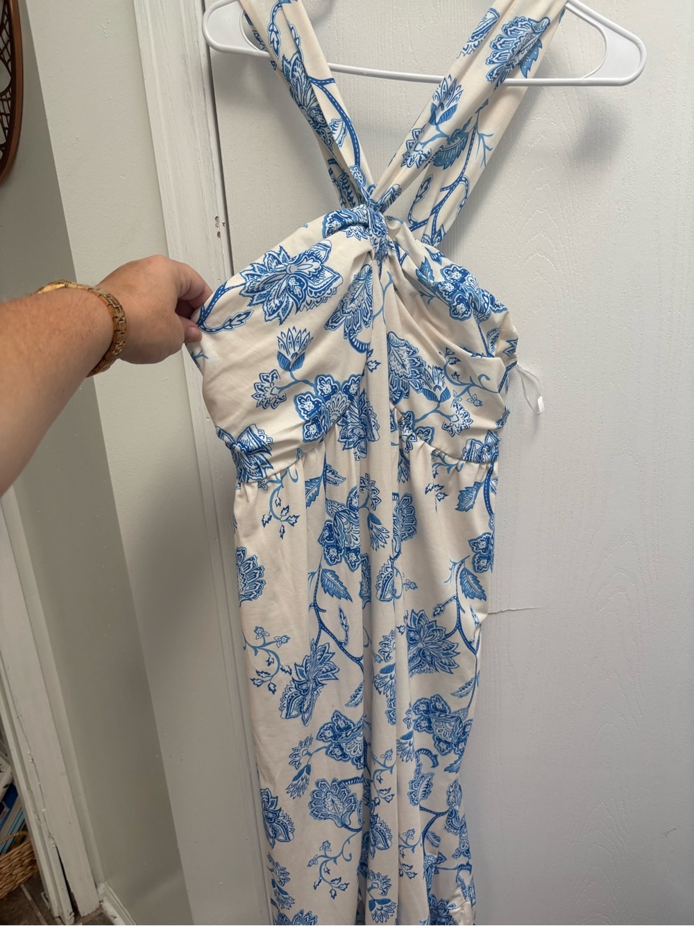 Grace Karin One-Shoulder White Maxi Dress with Blue Floral Print